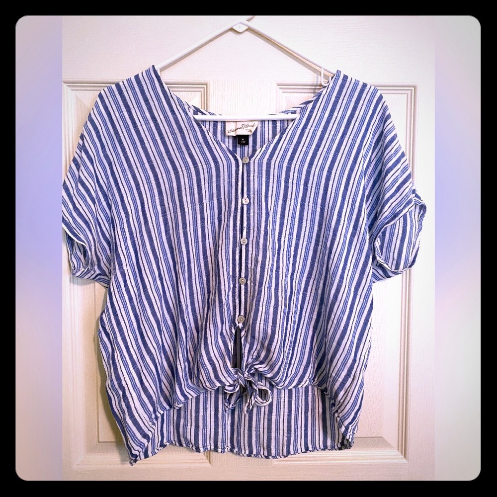 Blue & White Front tie Blouse